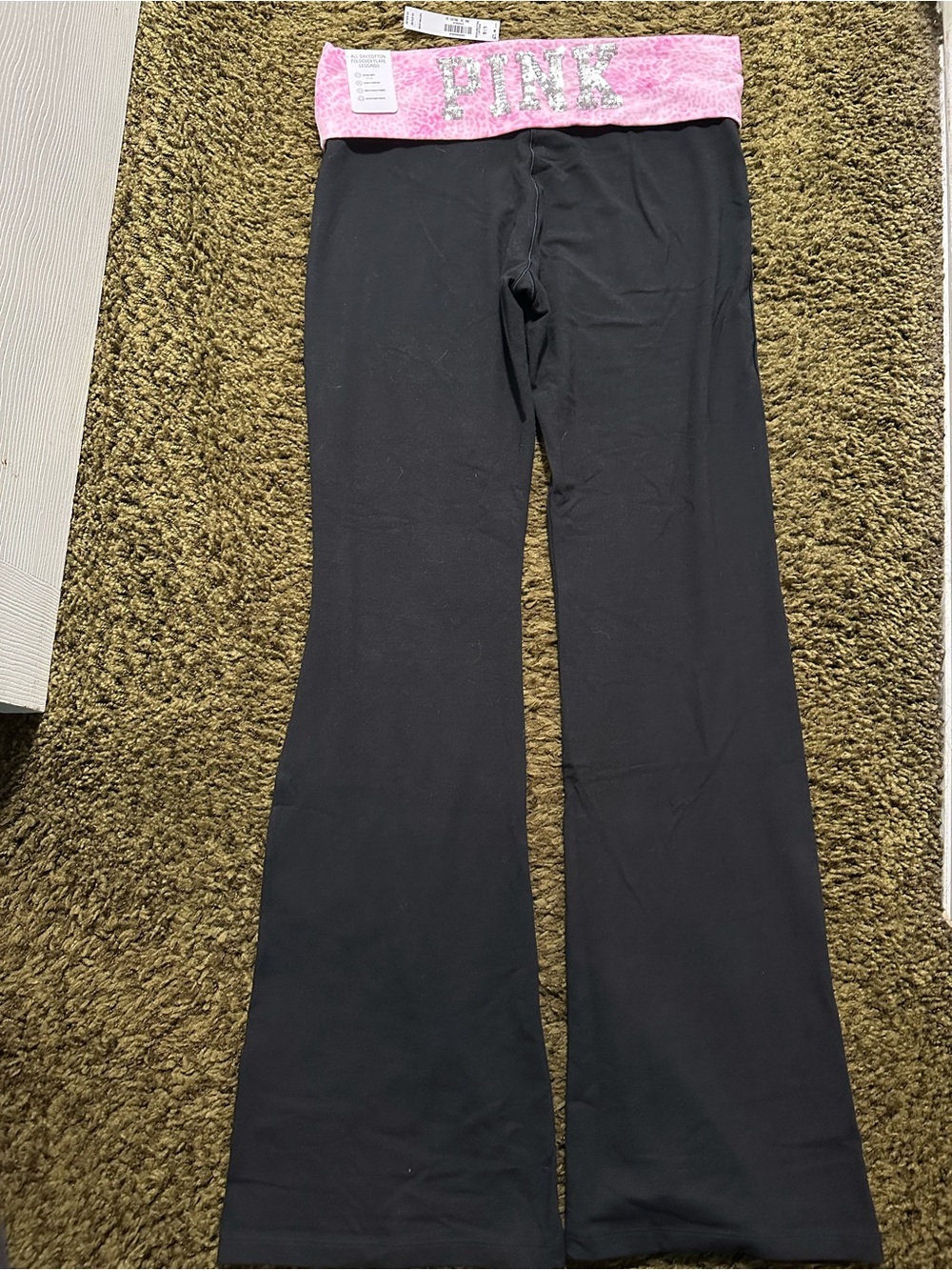 NWT PINK Victoria's Secret Black Flare Yoga Pants with Pink Fold-Over Waistband